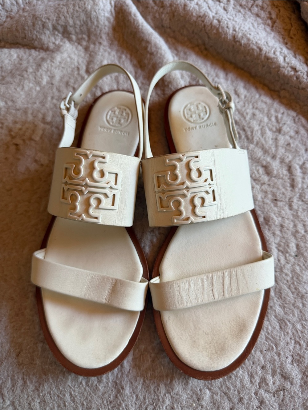 Tory Burch White Leather Logo Slingback Sandals